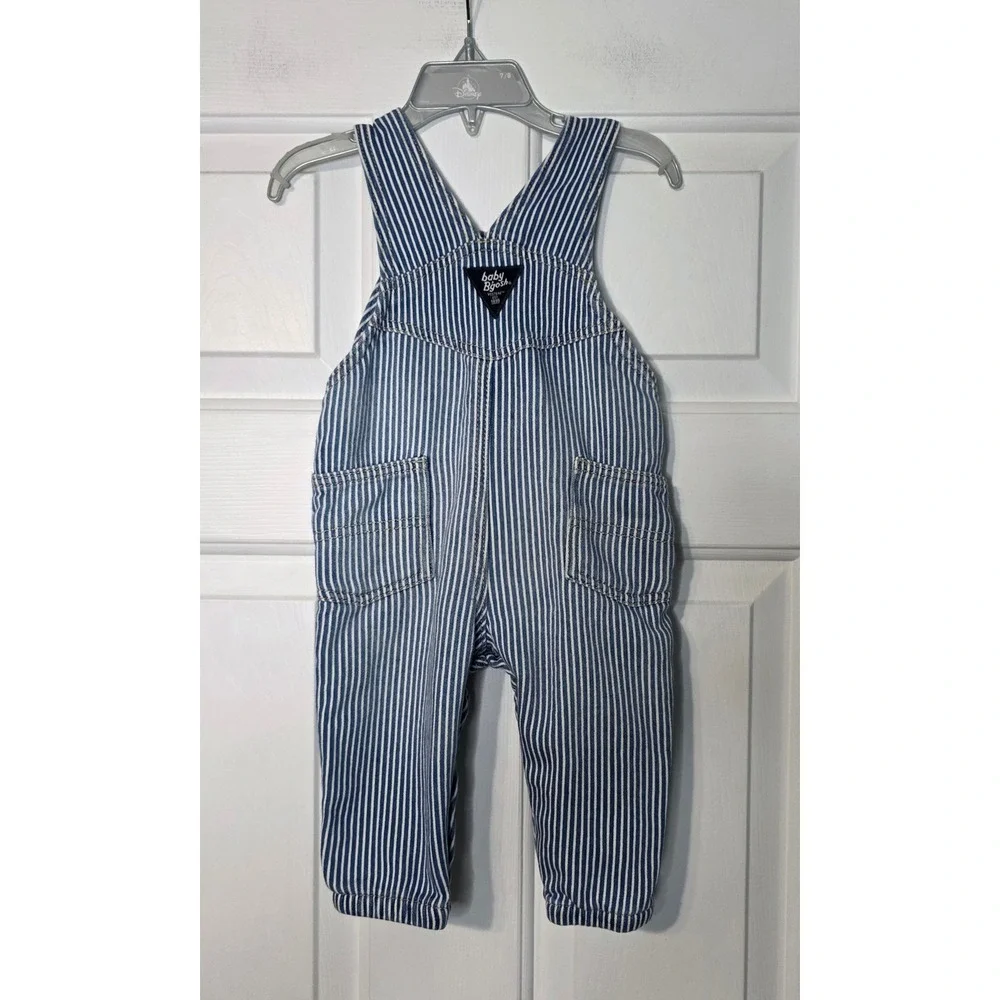 Vintage Oshkosh Bgosh Baby 9 Month Striped‎ Overalls Conductor Bib Denim